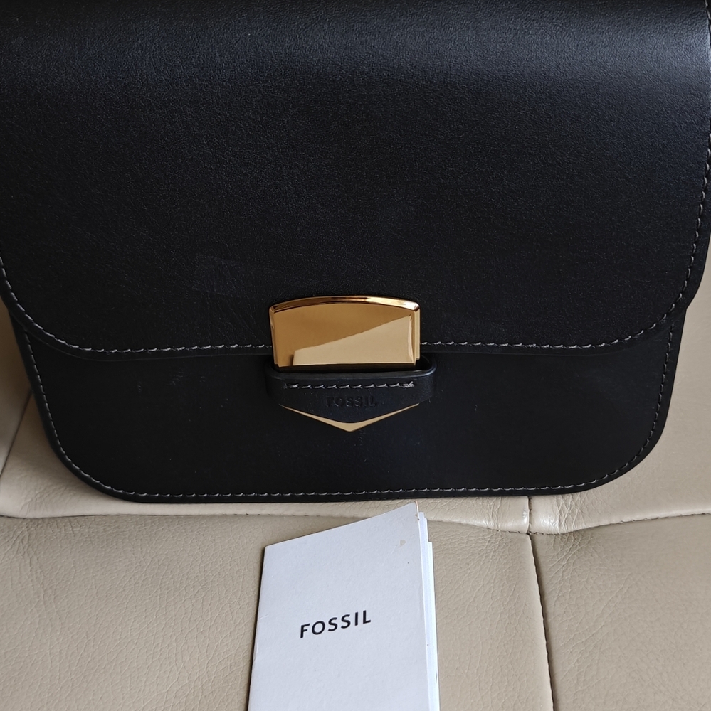 Fossil Lennox Flap Brand New Leather Black Crossbody Bag with Gold Accent